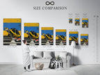 Size comparison chart for the 'Turtle Sneakers' art print in an interior setting. Visualize the perfect fit for your space. This animal wall art adds a contemporary quirky touch to any room. Available in various sizes to suit your decor needs. Artwork with yellow and blue.