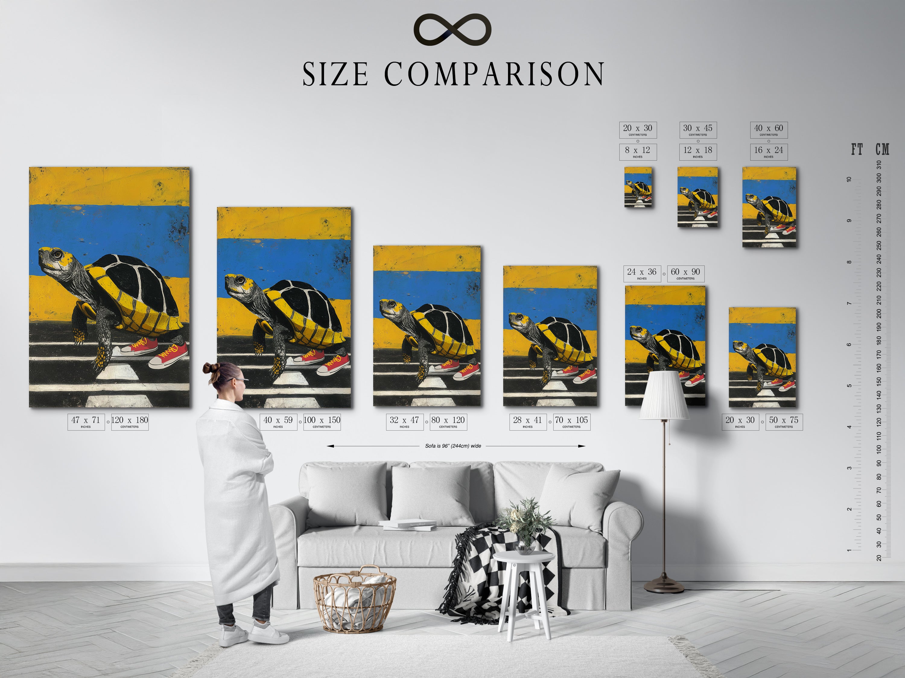 Size comparison chart for the 'Turtle Sneakers' art print in an interior setting. Visualize the perfect fit for your space. This animal wall art adds a contemporary quirky touch to any room. Available in various sizes to suit your decor needs. Artwork with yellow and blue.