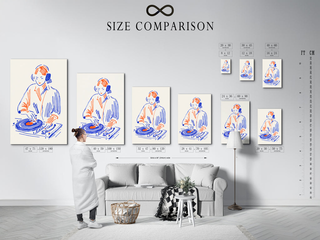 A size comparison chart in an interior setting featuring the DJ Turntable artwork. This retro music art is perfect for studio wall art. It makes a thoughtful gift for music producers. The primary colors are blue and orange. This artwork is perfect for studio wall art or dorm decor.