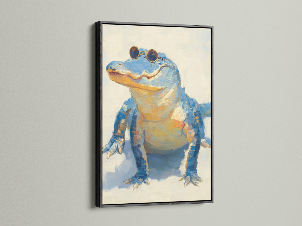 Framed cool alligator artwork with a black frame. The whimsical animal wall art features a quirky wildlife poster. The black frame makes a bold statement for reptile art print.