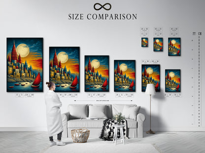 A size comparison chart is displayed next to the artwork. The art features a medieval castle and moonlit harbor scene. The artwork is perfect for adding a touch of fantasy to any room. The primary color is red. Gold is the secondary color.