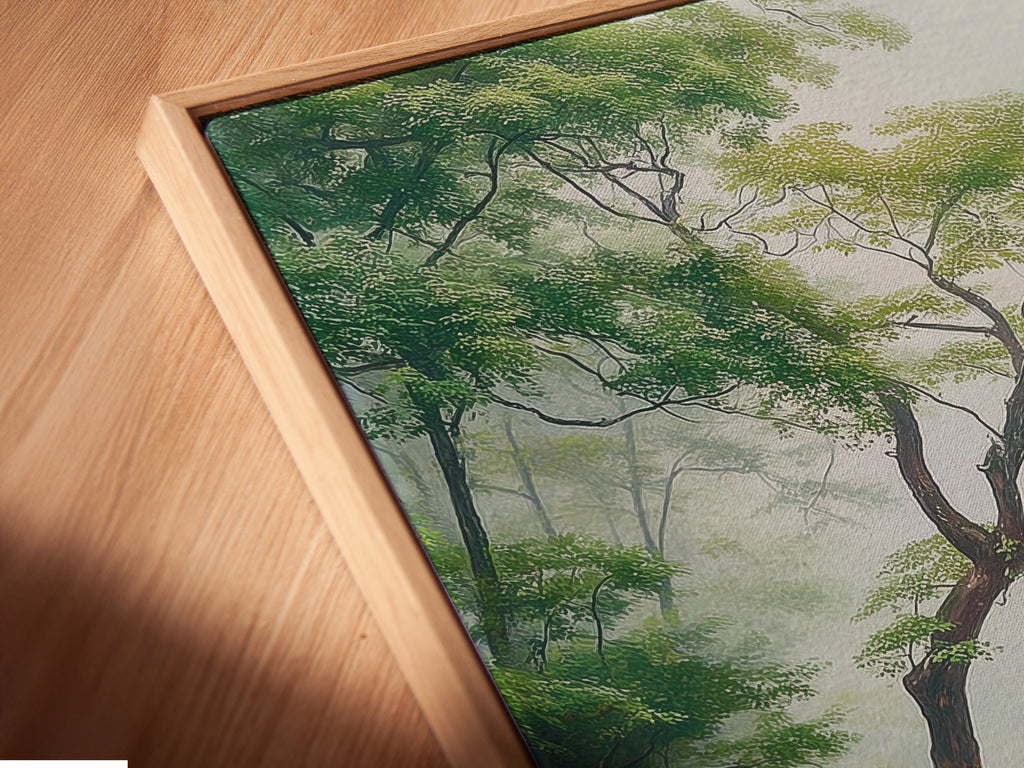 Close-up of a canvas print in a floating frame. The waterfall canvas is displayed in a modern floating frame. This misty forest art is perfect for adding a serene touch to any room.