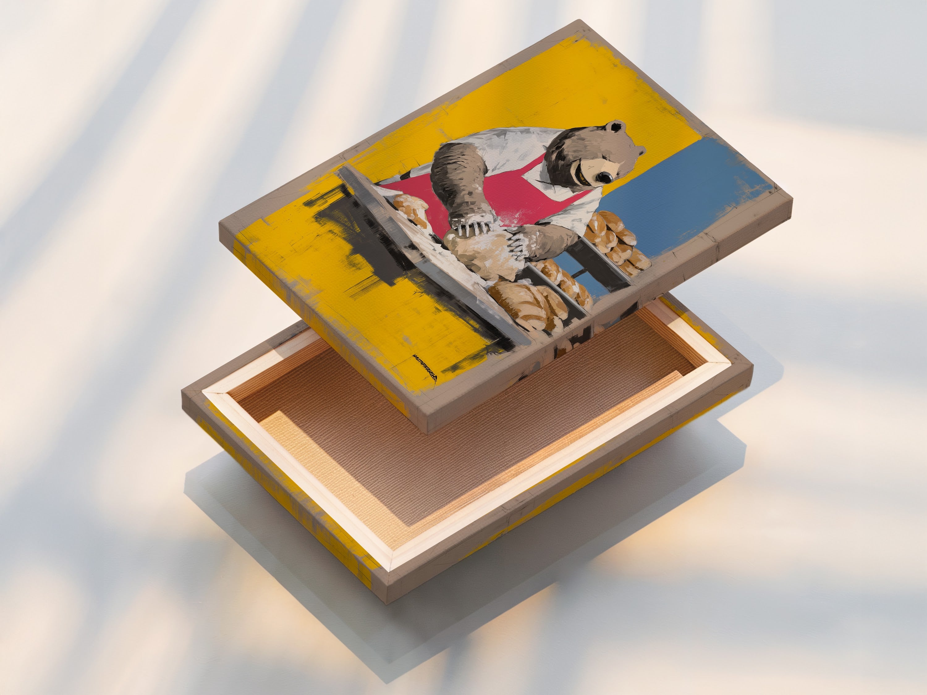 A stretched canvas print of the Bear Baker Artwork is showcased. This whimsical art enhances any kitchen. It makes great dining room decor. The chef animal print is ideal for food enthusiasts. Add a touch of humor with this bakery wall decor.