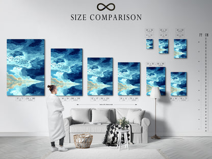 A size comparison chart is displayed in an interior setting. This chart helps visualize the artwork's dimensions. Perfect for planning your wall decor. Available sizes ensure the perfect fit for any space. The artwork is a seascape with a teal sky and birds.