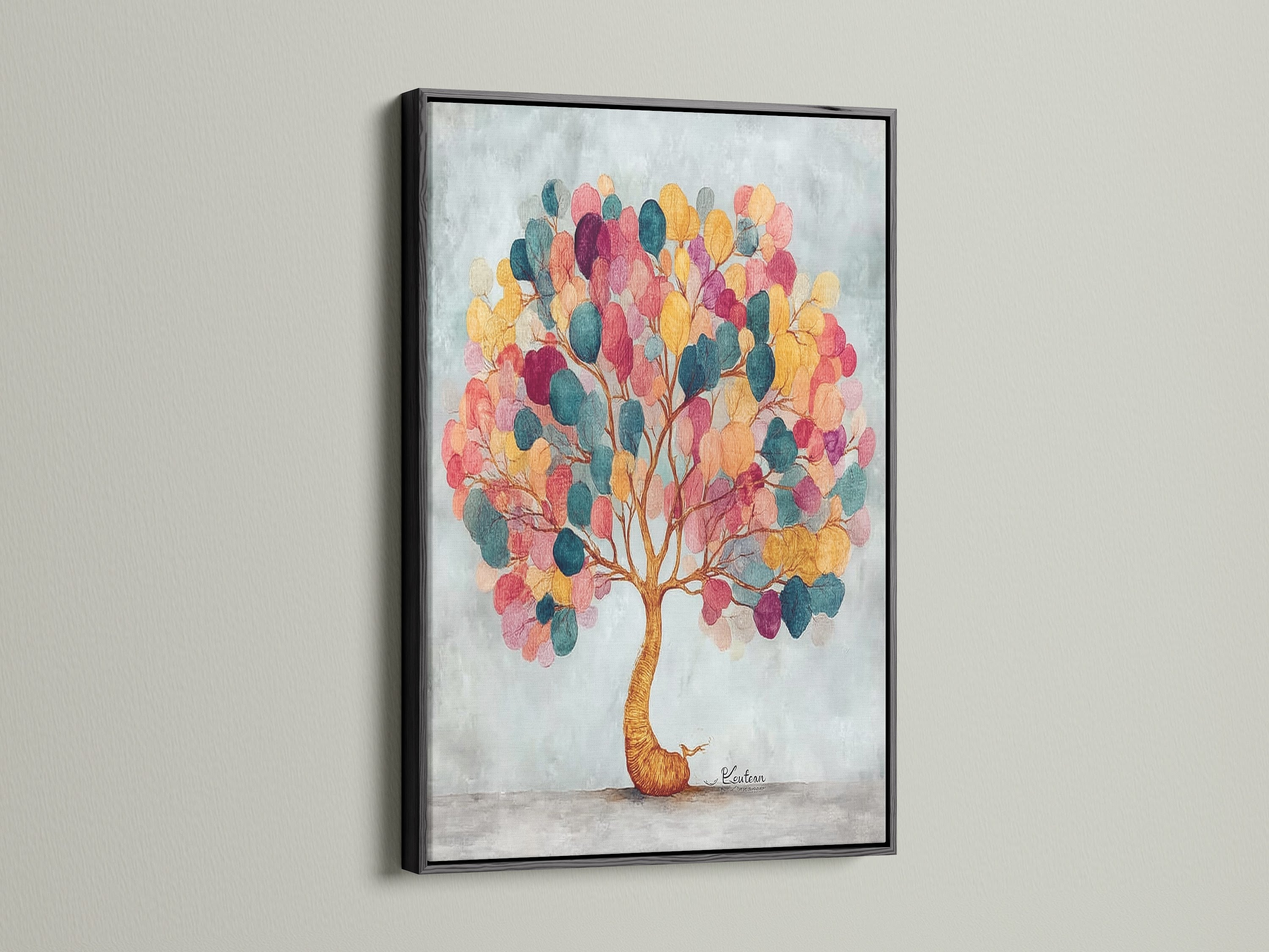 The colorful tree artwork is displayed in a black frame. The black frame adds a bold statement. The vibrant art is contrasted by the frame. It makes it pop. The artwork is perfect for office wall art. It will make a statement in any space.