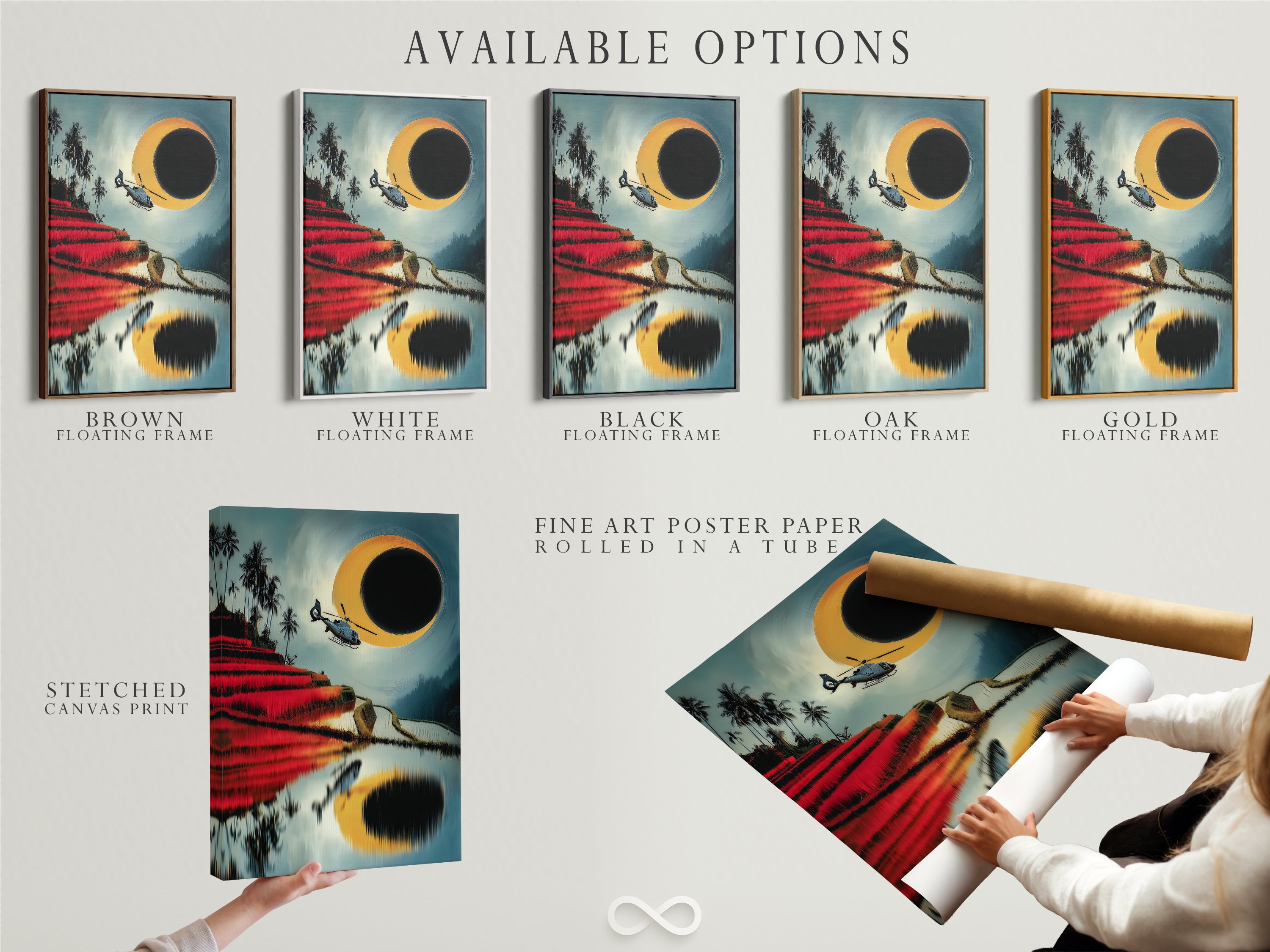 Available options for the Helicopter Over Rice Terraces artwork including a stretched canvas print a fine art poster paper and a floating frame. Select the perfect format to suit your style. Enjoy this modern travel artwork in your home or office