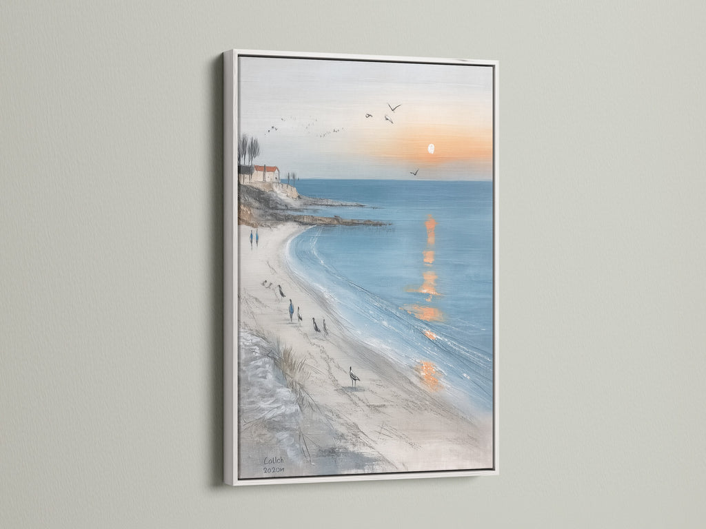 This is a white frame showcasing coastal wall art. The beach canvas art features an ocean sunset print. It's ideal seaside landscape for a calming atmosphere. White frame enhances the coastal artwork. The ocean view art looks stunning.  It's a beautiful seascape painting.