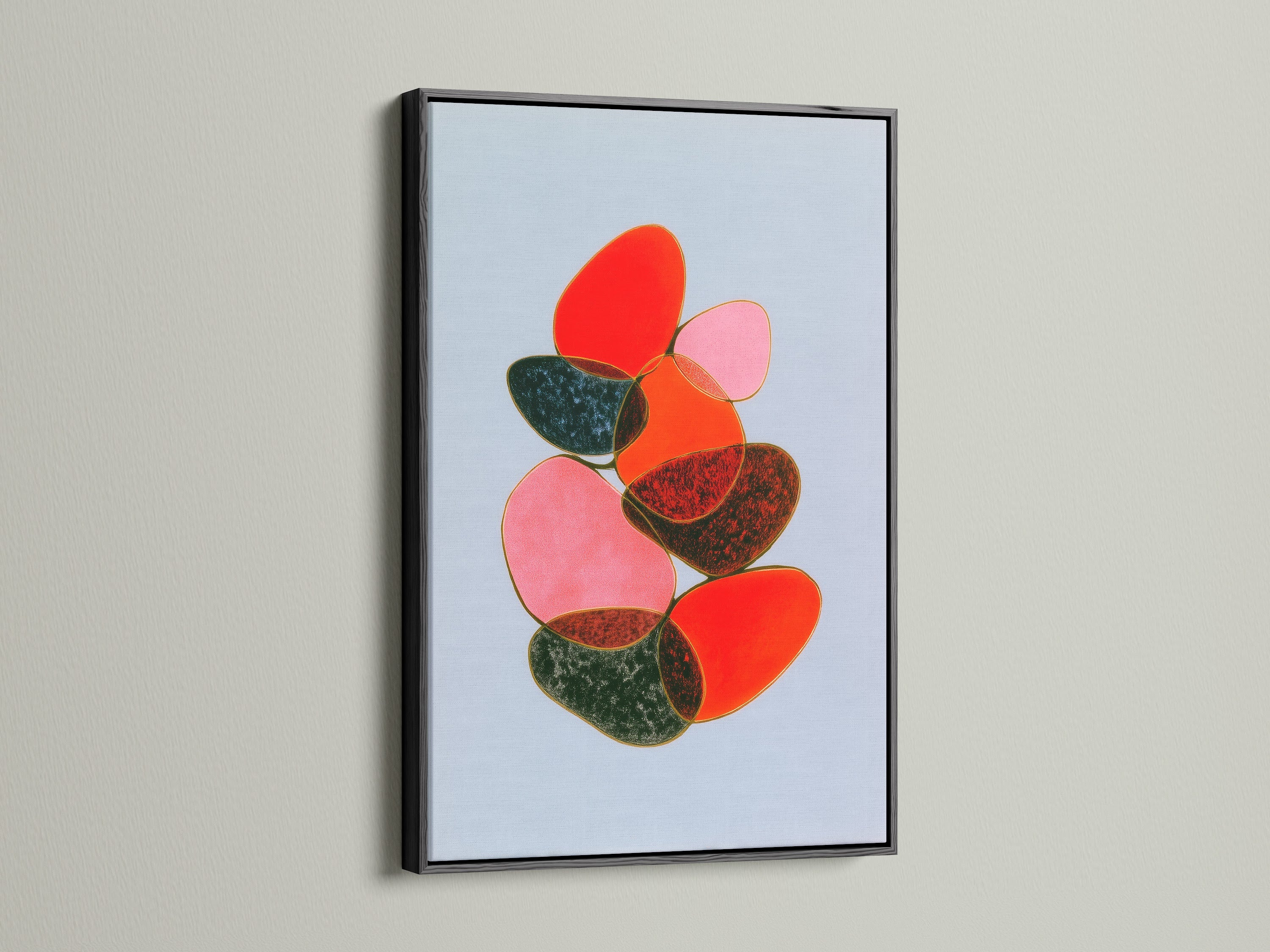 See the abstract stone canvas print with a black frame. The black frame adds a sophisticated touch to the abstract artwork. This geometric print is great for office art. A minimalist art piece.