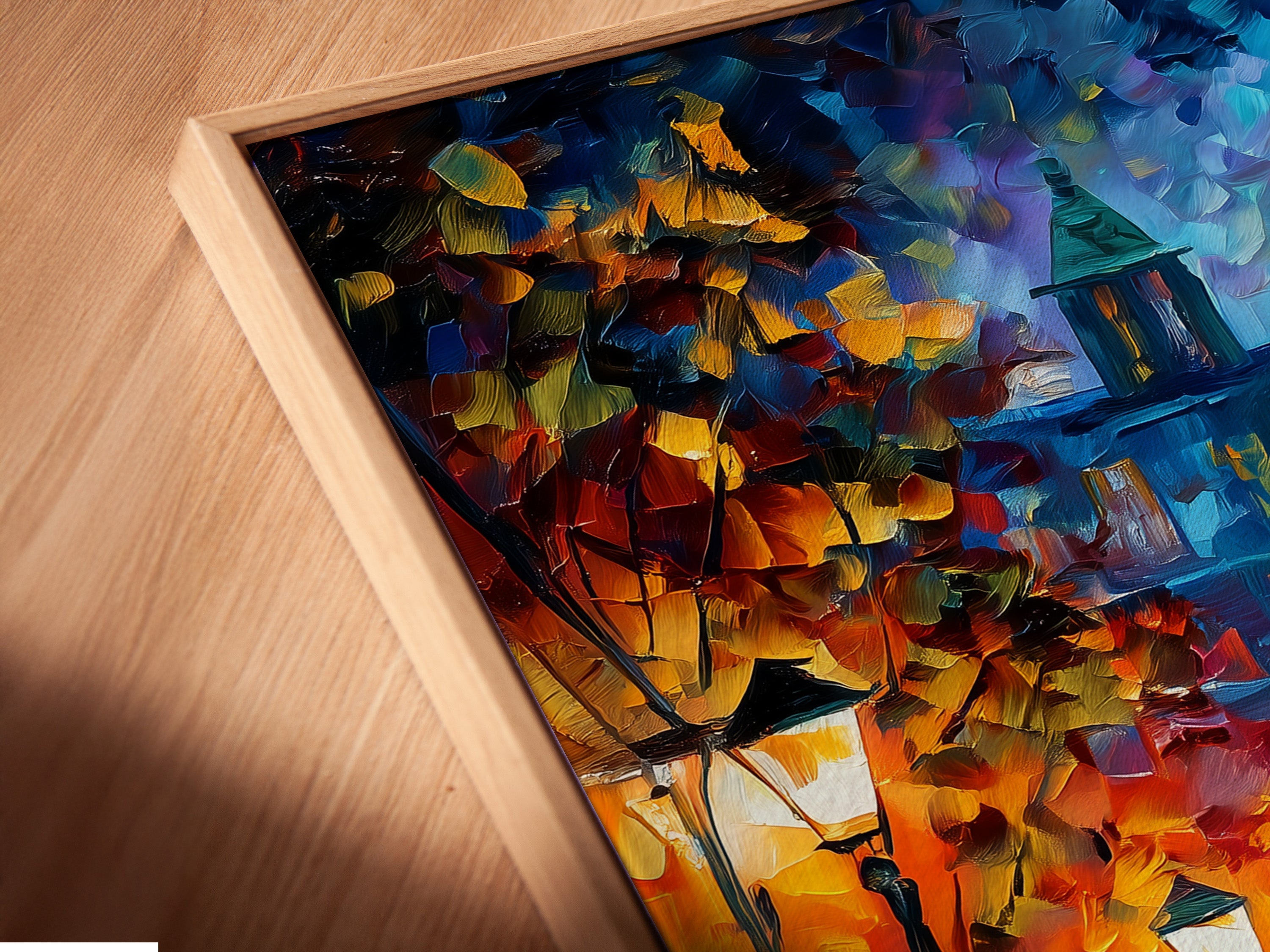 Close-up of a canvas print in a floating frame. The artwork captures a romantic rainy night scene. The floating frame enhances the artwork's contemporary appeal. Perfect for creating a focal point in any room. A great addition to modern decor.