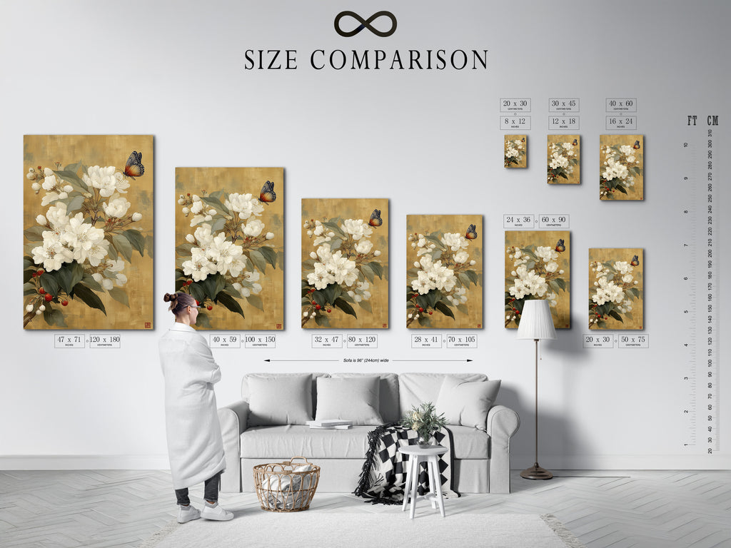 A size comparison chart displayed in an interior setting. Visualize how our botanical wall art fits in your space. Choose the perfect size for your vintage floral print. See how different sizes complement your room decor. Find the ideal dimensions for your white flowers artwork.