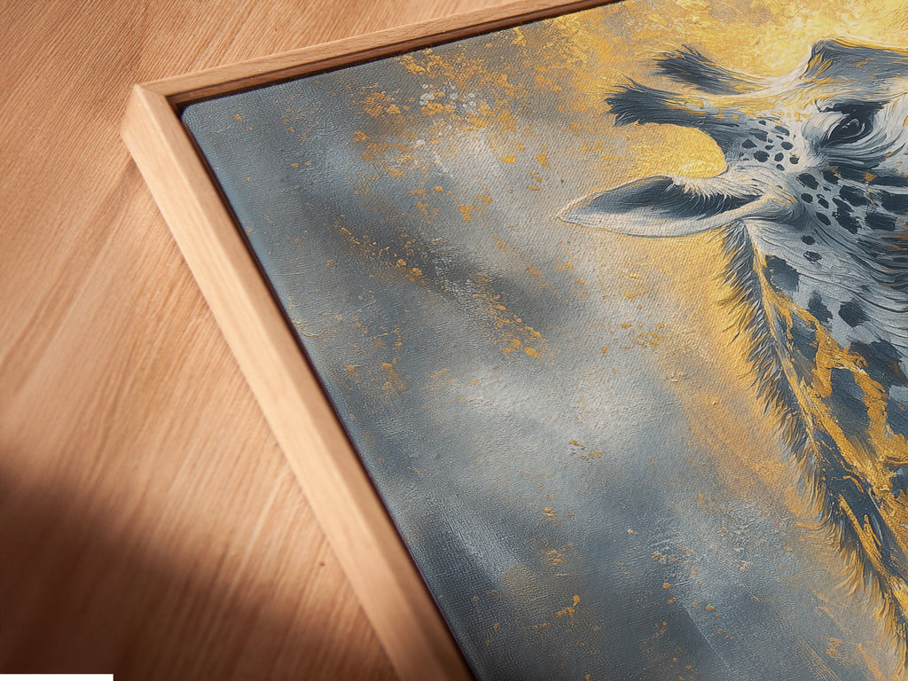 A close-up angled view shows a canvas print in a floating frame. The floating frame gives the giraffe artwork a modern gallery feel. This savanna print is ready to hang. Perfect for contemporary spaces.