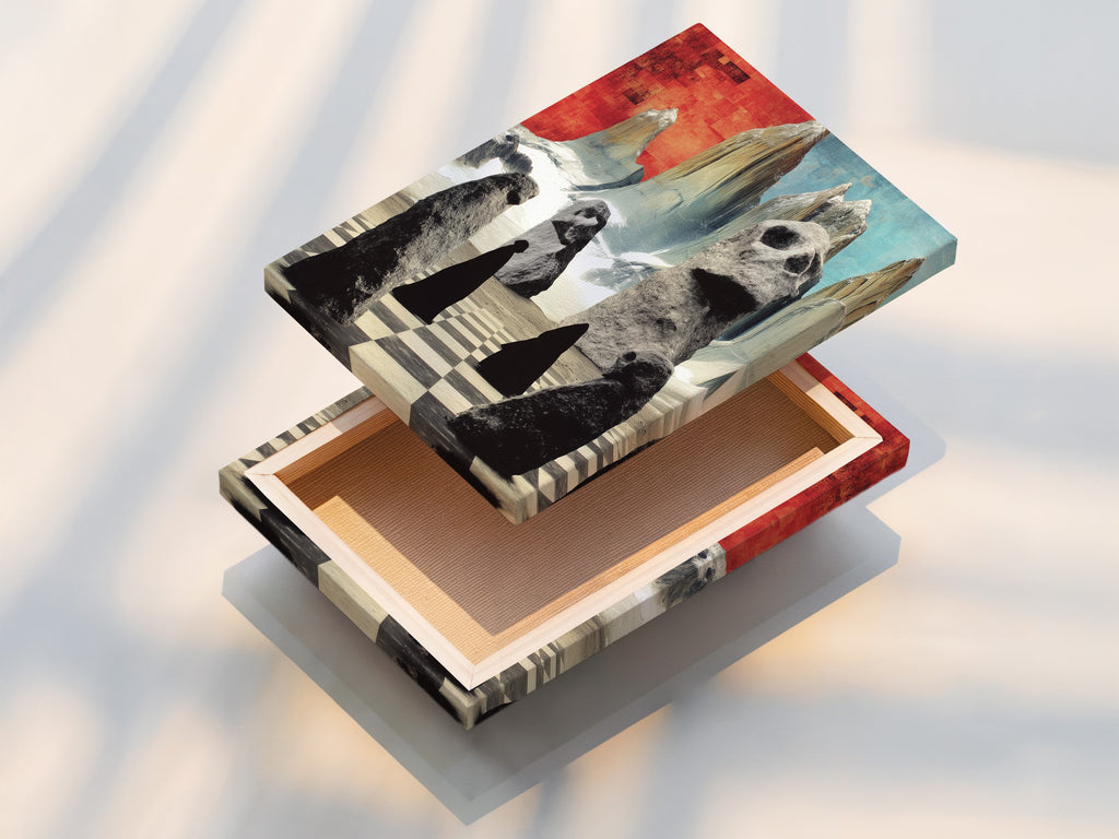 The stretched canvas print showcases a surreal stone figures art. This abstract landscape artwork is ready to hang. The modern art print enhances any room. Add a unique touch to your home decor with this piece.