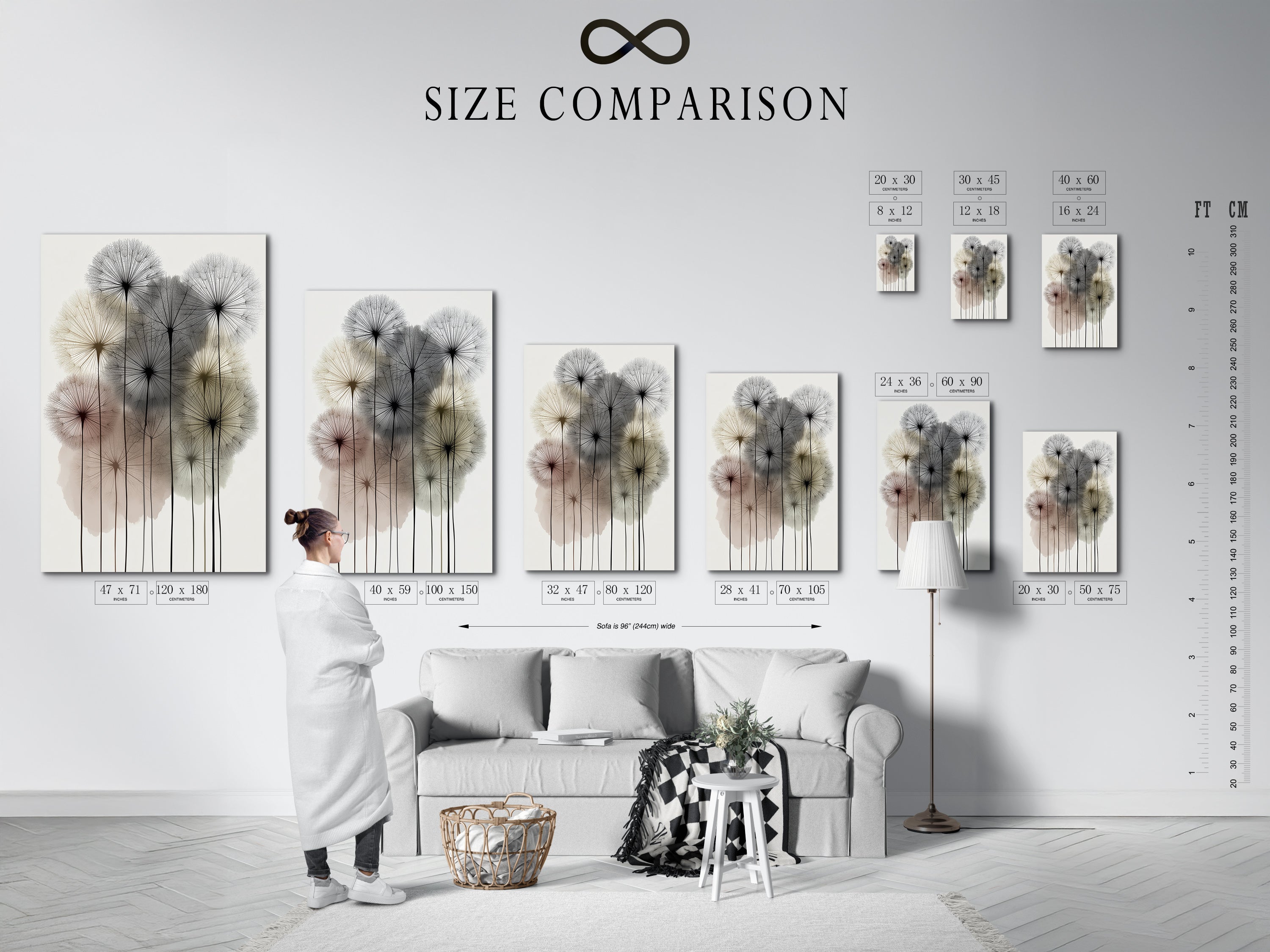 Size comparison chart in an interior setting. Visualize the perfect size for your dandelion artwork. See how different sizes of botanical prints fit your space. Choose the ideal modern floral poster for your wall decor. Plan your neutral wall art arrangement.