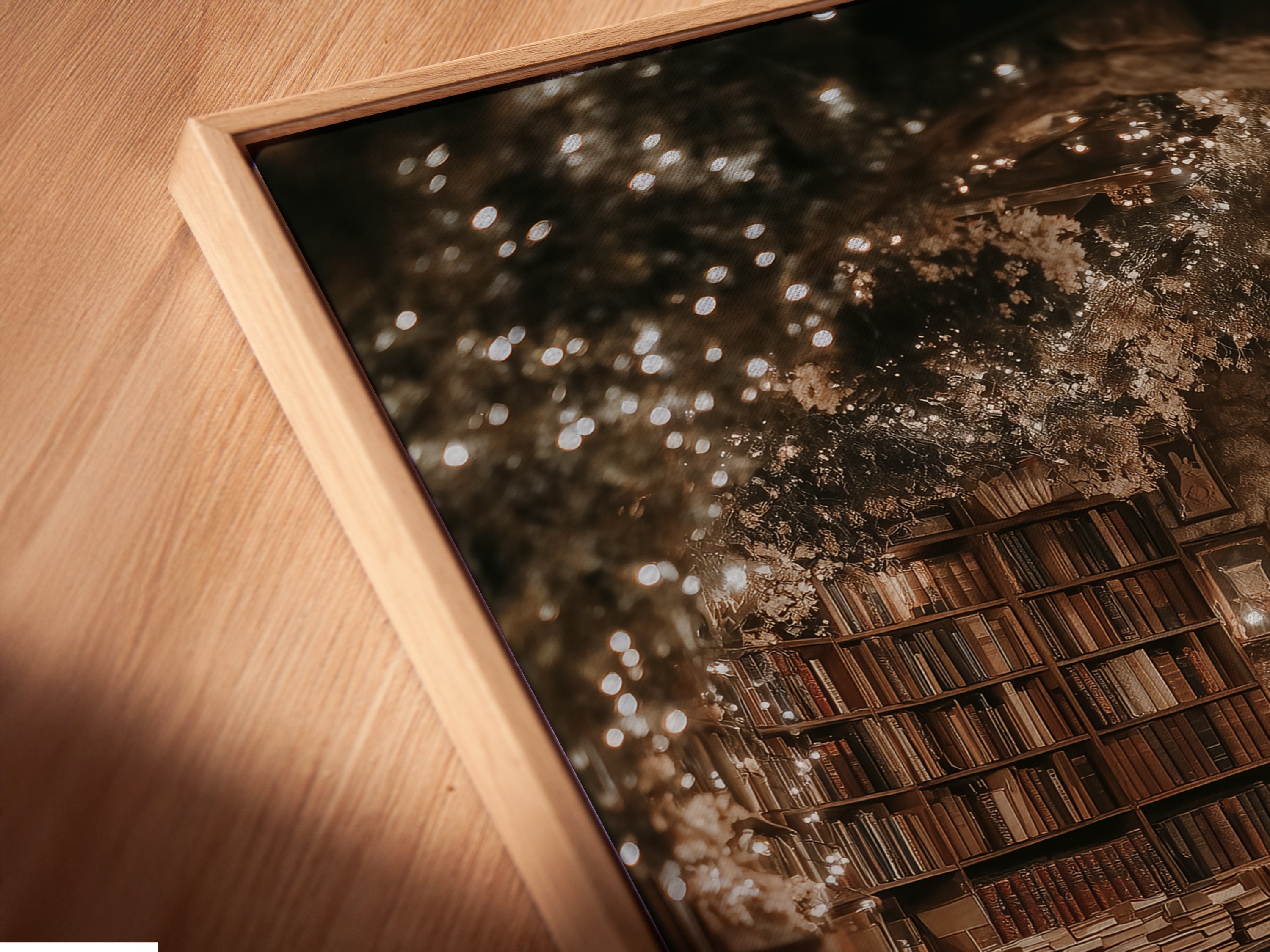 Angled close-up of a canvas print of a Victorian Library Bookcase in a floating frame. The fairytale book nook wall art adds magical academia to any study room. The warm-toned art creates a cozy ambiance.