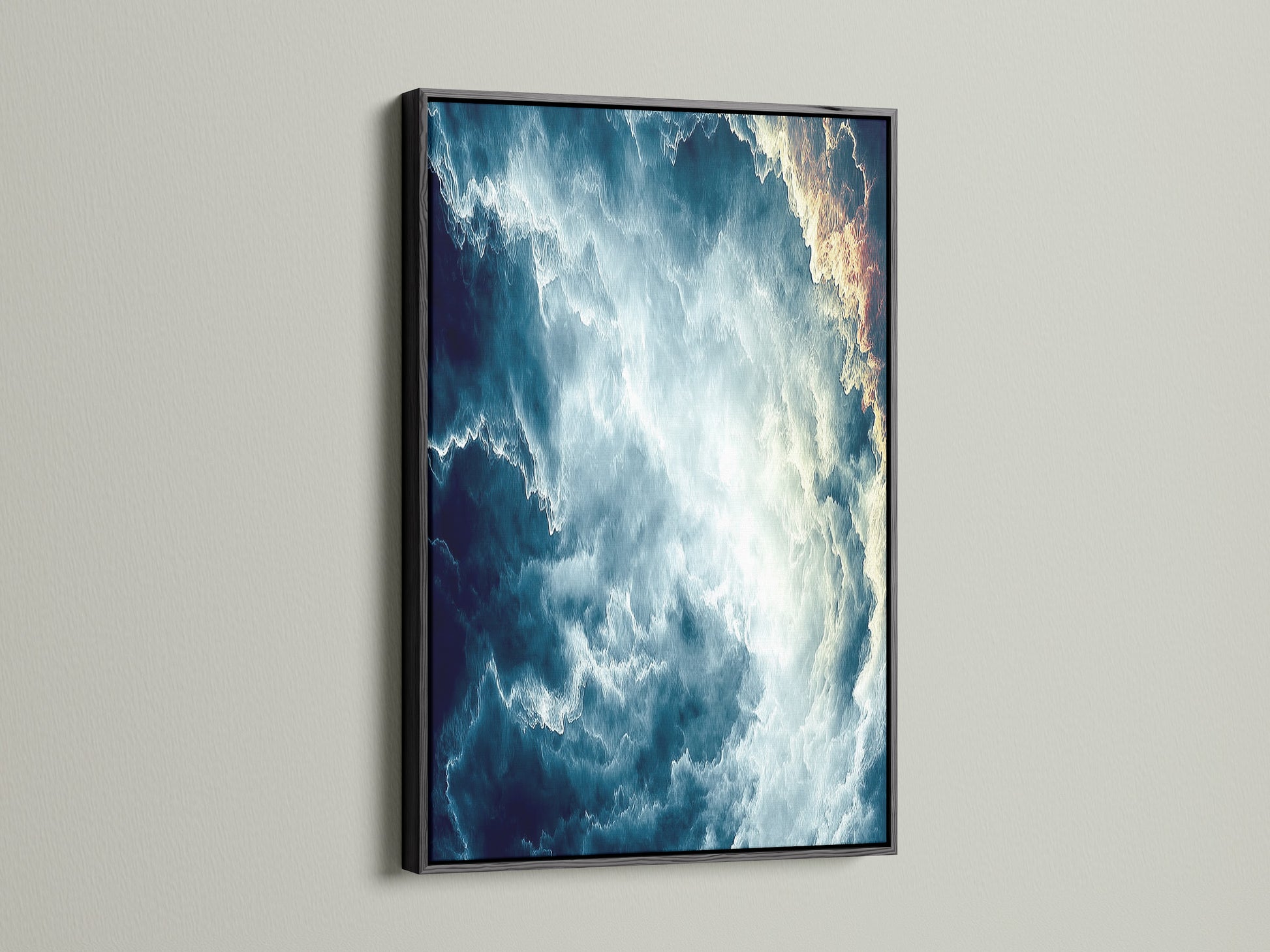 Modern abstract cloudscape canvas print with a sleek black frame. The dark frame creates a striking contrast. The teal blue sky wall art is perfect for office decor. Add a touch of modern artwork to your home or office.