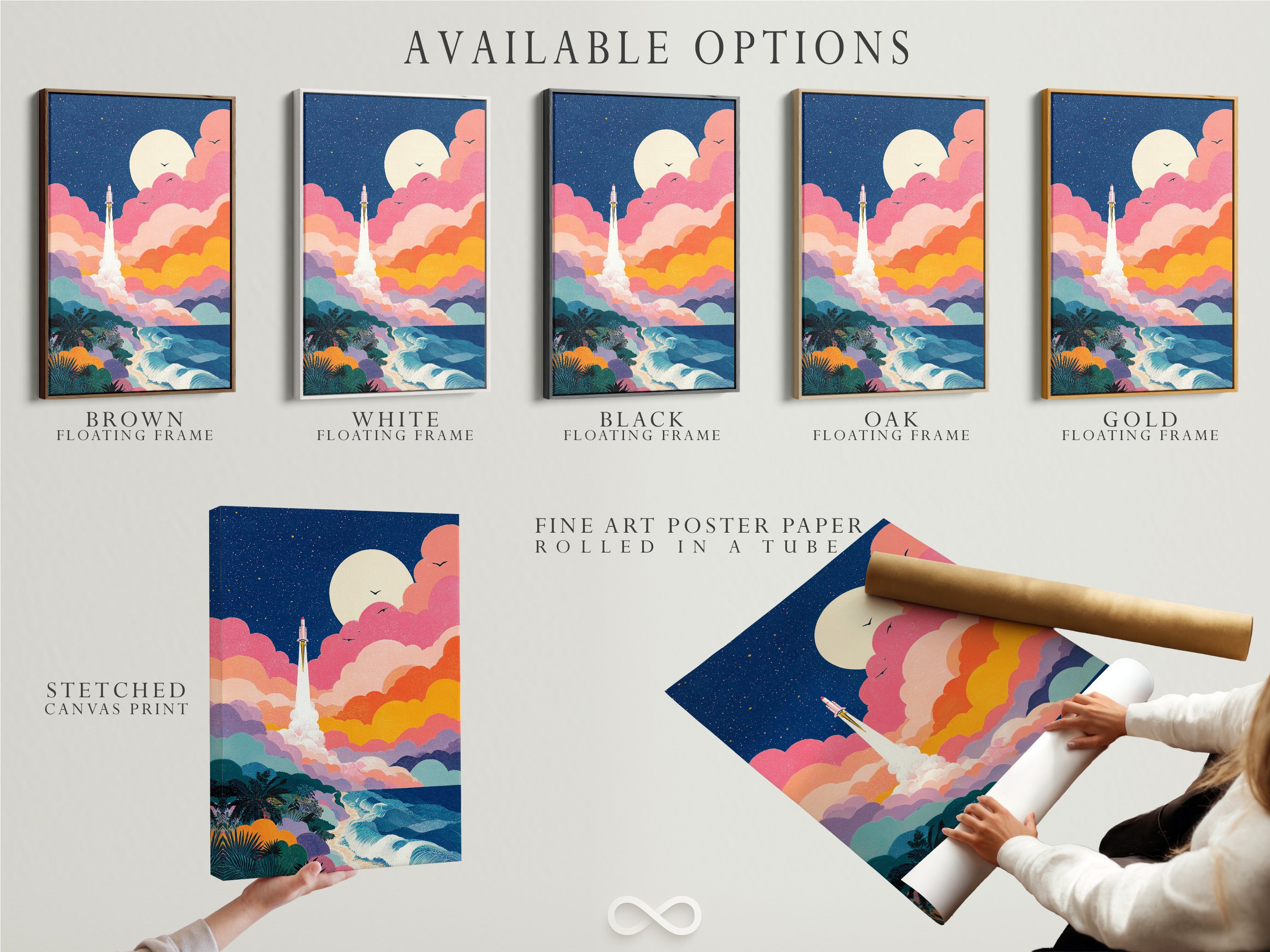 Available options include a stretched canvas print fine art poster paper and a floating frame. Each option offers a unique way to display your art. Choose the best option to match your style. Explore our diverse art display options.