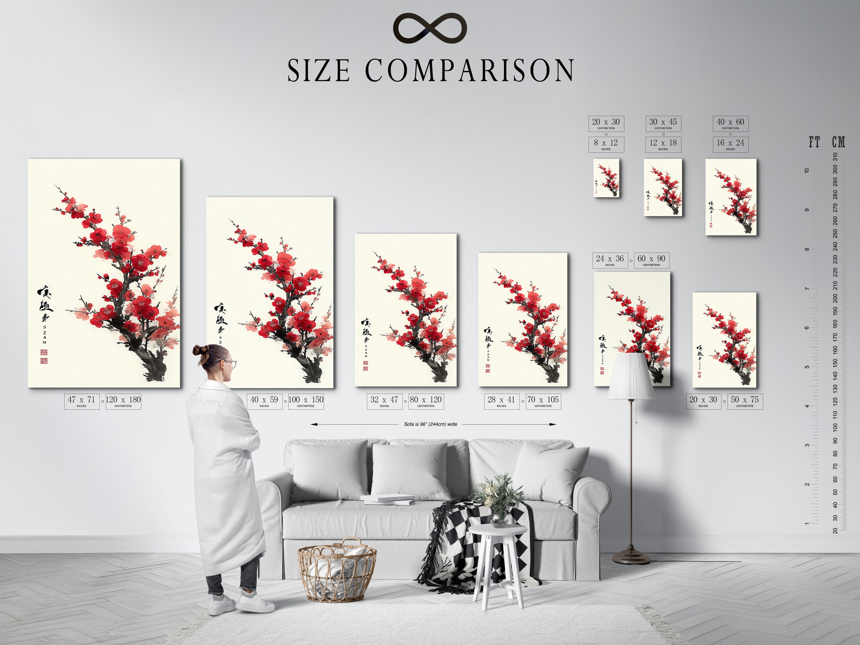 A size comparison chart is displayed in an interior setting. See how different sizes of artwork look in a room. Visualize the perfect size for your space. Make the right choice for your wall decor. Ensure your artwork complements your interior design.