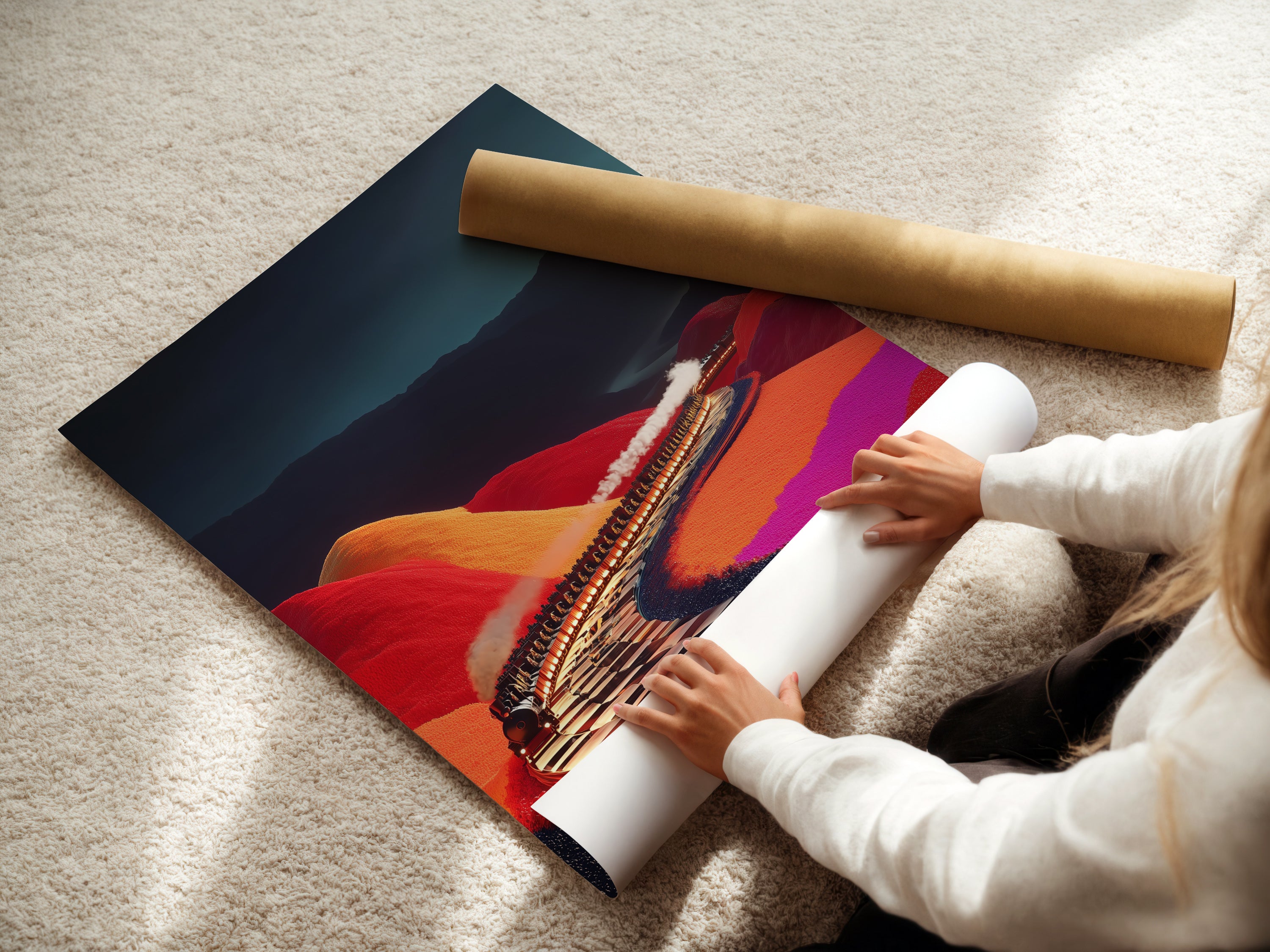 A woman is carefully rolling a fine art poster paper of the Surreal Train Ride artwork. This highlights the care in packaging. The colorful landscape wall art is ready to be displayed. This artwork is perfect for adding a whimsical touch to your home. Great for train enthusiasts.