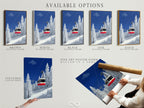 Available options displayed: stretched canvas print fine art poster paper and floating frame. The ski lift artwork suits any style. The winter mountain wall art is perfect for cabin decor. The alpine cable car print looks great in any format. Select the perfect option for your snowy landscape art.