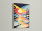 Winter Sunset Canvas Print in a white frame. The artwork features a colorful lake landscape. Snowy forest artwork creates a serene ambiance. Suitable for living rooms bedrooms home offices and studios.