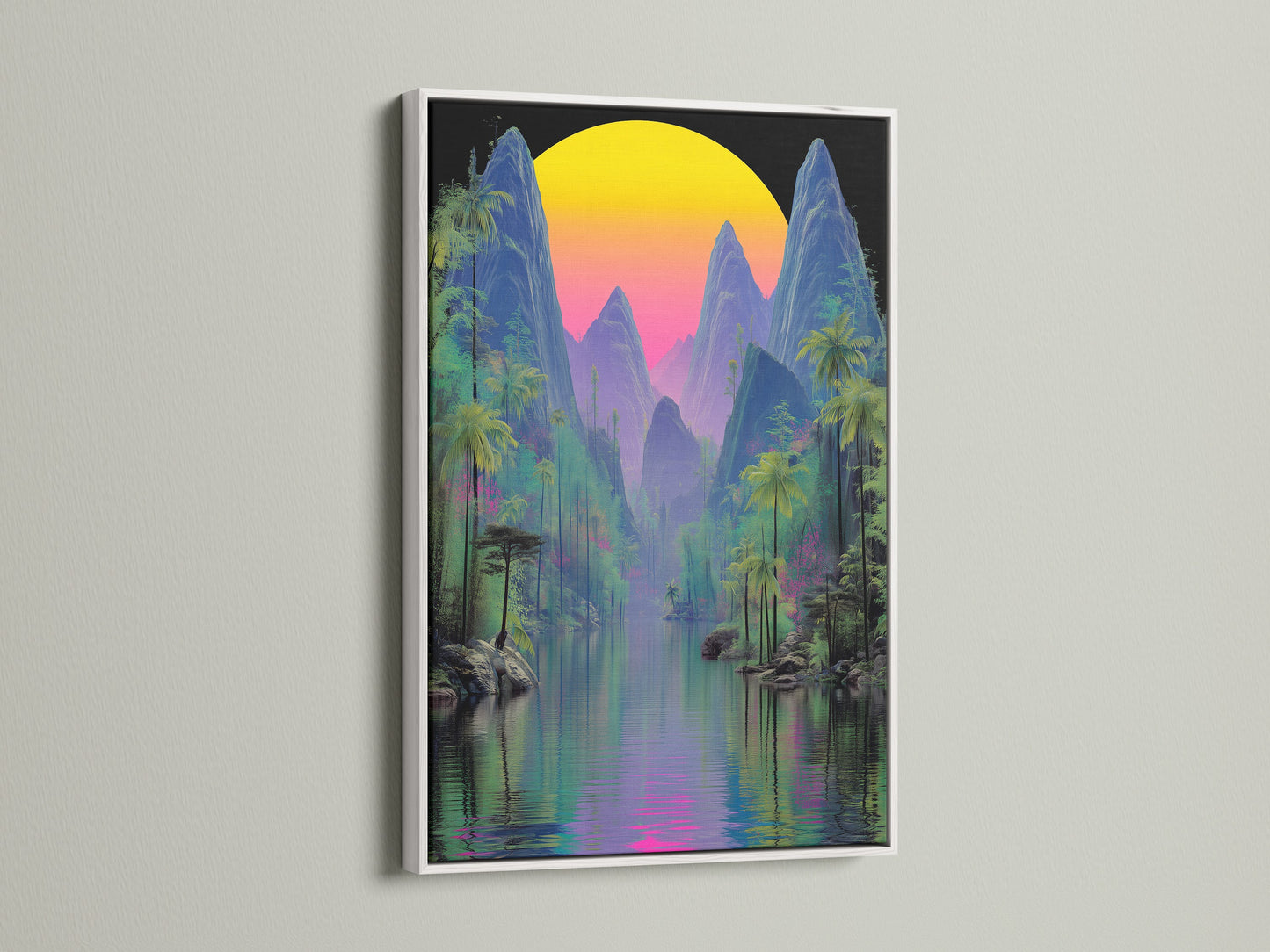 This eye-catching cyberpunk nature poster is showcased in a clean white frame. The vivid colors of the tropical print bring a summer vibe to any space. The artwork features mountains palm trees and a stunning vaporwave sunset. Perfect for modern decor.
