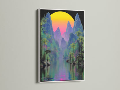This eye-catching cyberpunk nature poster is showcased in a clean white frame. The vivid colors of the tropical print bring a summer vibe to any space. The artwork features mountains palm trees and a stunning vaporwave sunset. Perfect for modern decor.