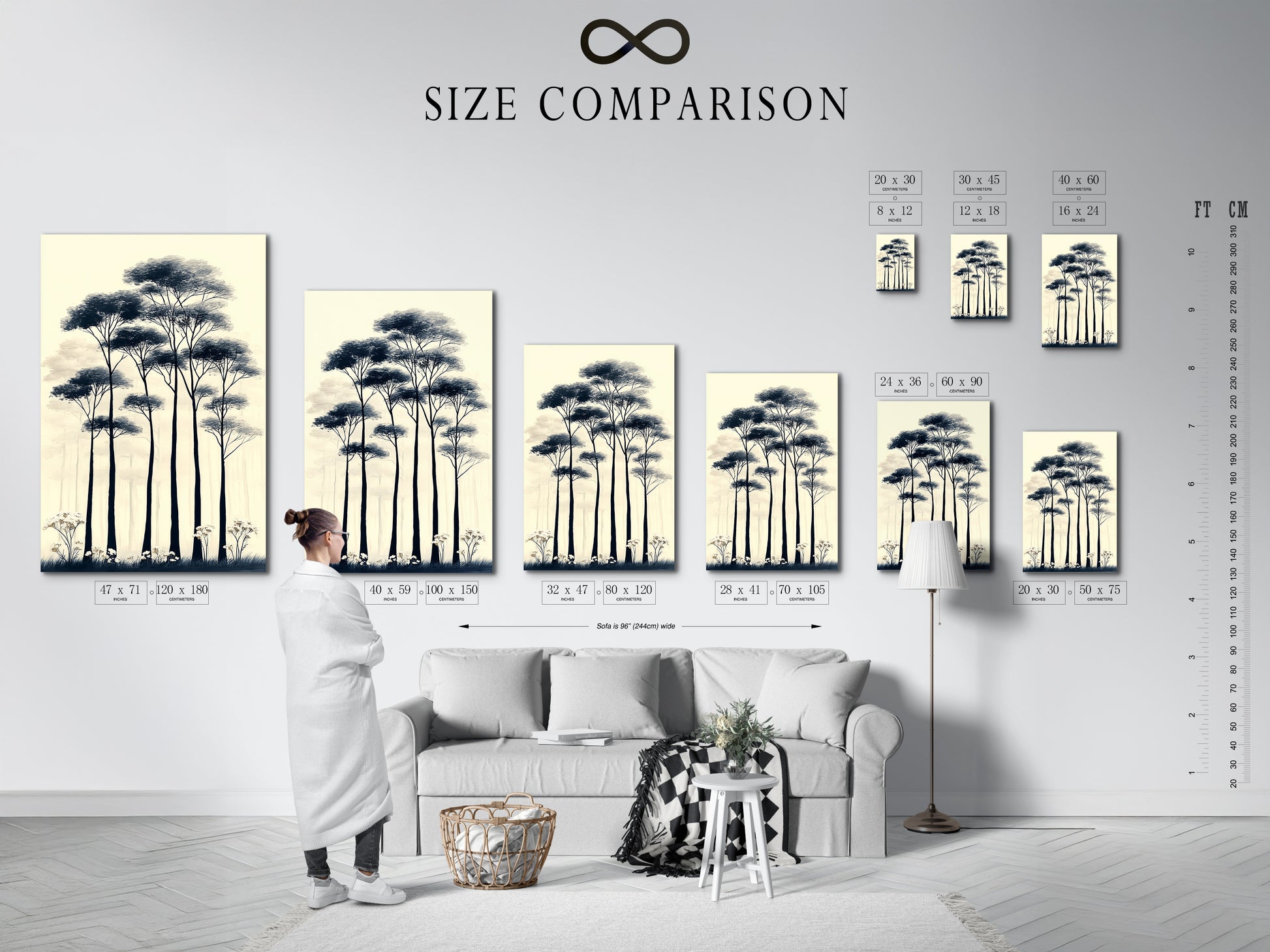 Explore our size comparison chart in an interior setting. See how our forest trees canvas print fits your space. Visualize the impact of minimalist nature artwork on your walls. Choose the perfect size for your hallway wall art or Scandi decor. Make an informed decision today.