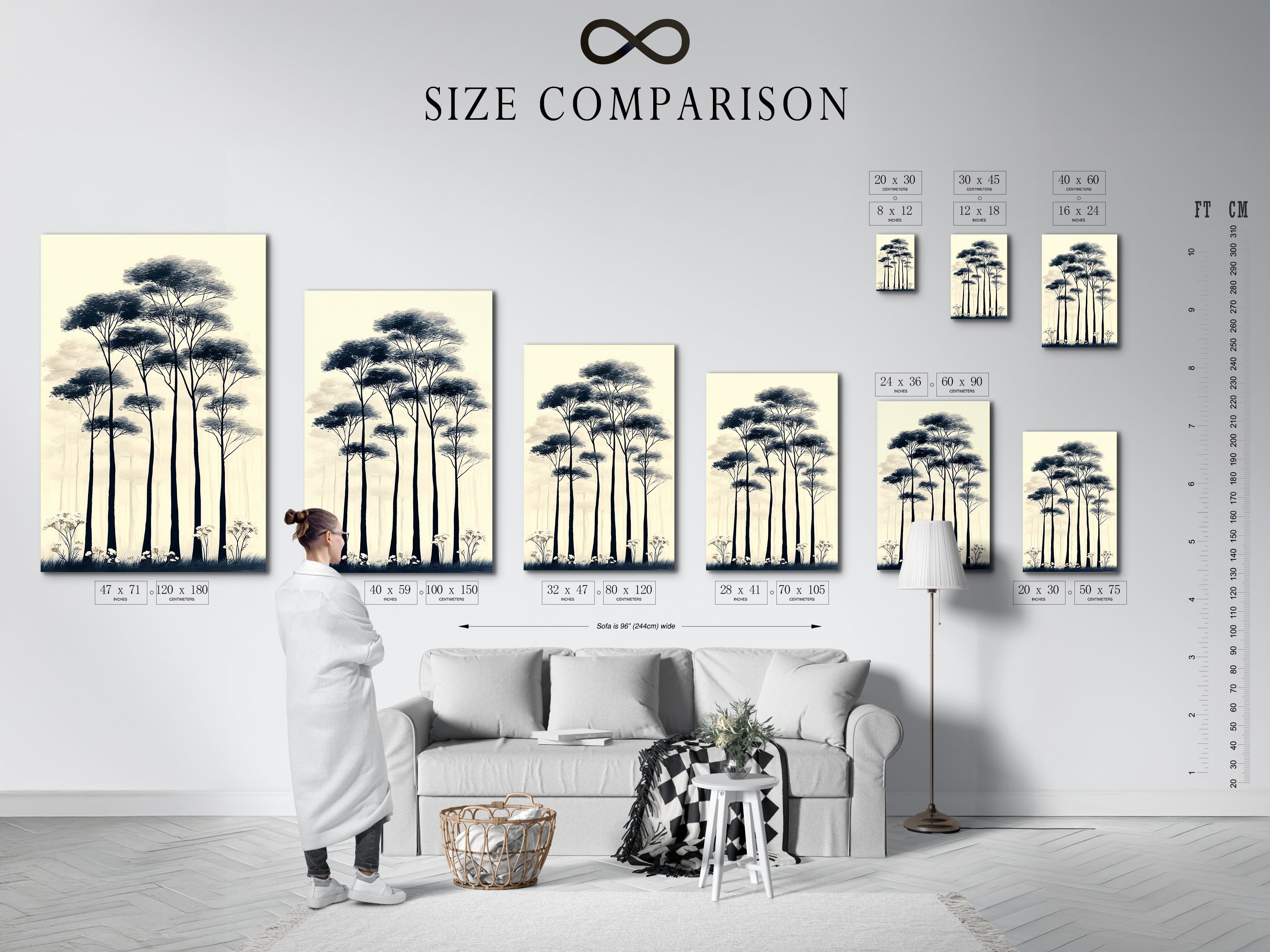 Explore our size comparison chart in an interior setting. See how our forest trees canvas print fits your space. Visualize the impact of minimalist nature artwork on your walls. Choose the perfect size for your hallway wall art or Scandi decor. Make an informed decision today.