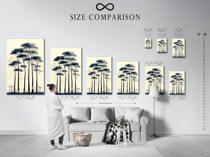 Explore our size comparison chart in an interior setting. See how our forest trees canvas print fits your space. Visualize the impact of minimalist nature artwork on your walls. Choose the perfect size for your hallway wall art or Scandi decor. Make an informed decision today.