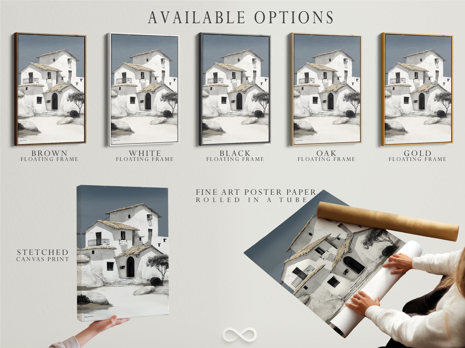 Explore available options for Mediterranean house artwork. Choose from stretched canvas prints fine art poster paper and floating frames. Our coastal architecture wall art is perfect for any space. Shop now and elevate your decor with our minimalist white building art.