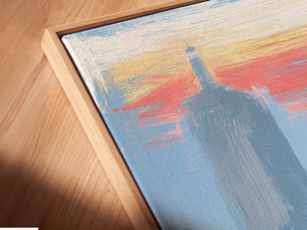 A close-up angled view of a canvas print in a floating frame. The superhero artwork seems to hover creating a visually stunning effect. This modern piece enhances any room's contemporary style.