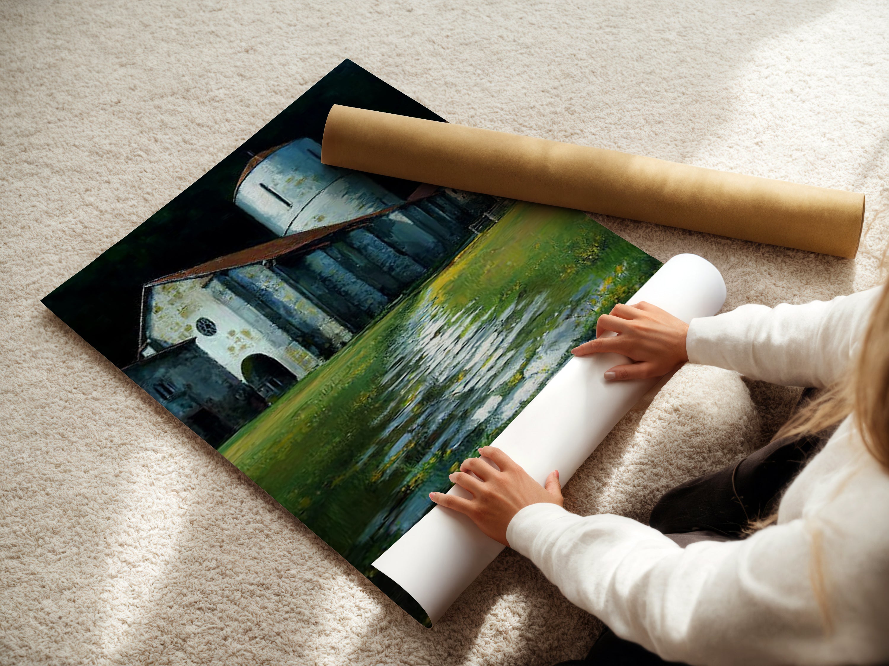 A woman is carefully rolling a fine art poster paper. The church tower artwork will soon be ready to hang. This rustic art is perfect for homeowners. The vintage canvas adds a touch of history. This architectural art is perfect for renters