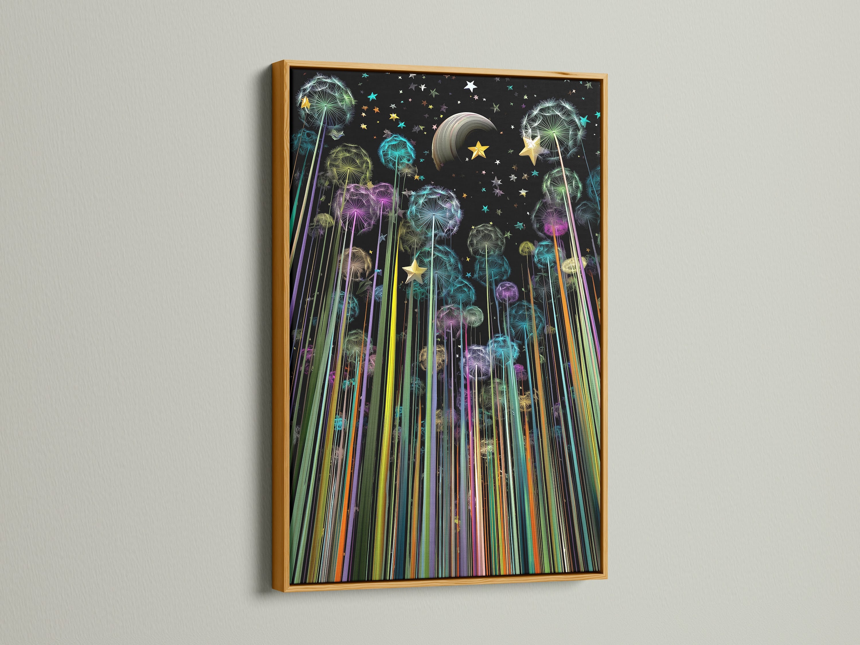 The gold frame adds elegance to the Dandelion Galaxy Canvas Print. This celestial art piece features vibrant space elements. Ideal as colorful artwork for a studio or classroom. The gold frame elevates the night sky art.