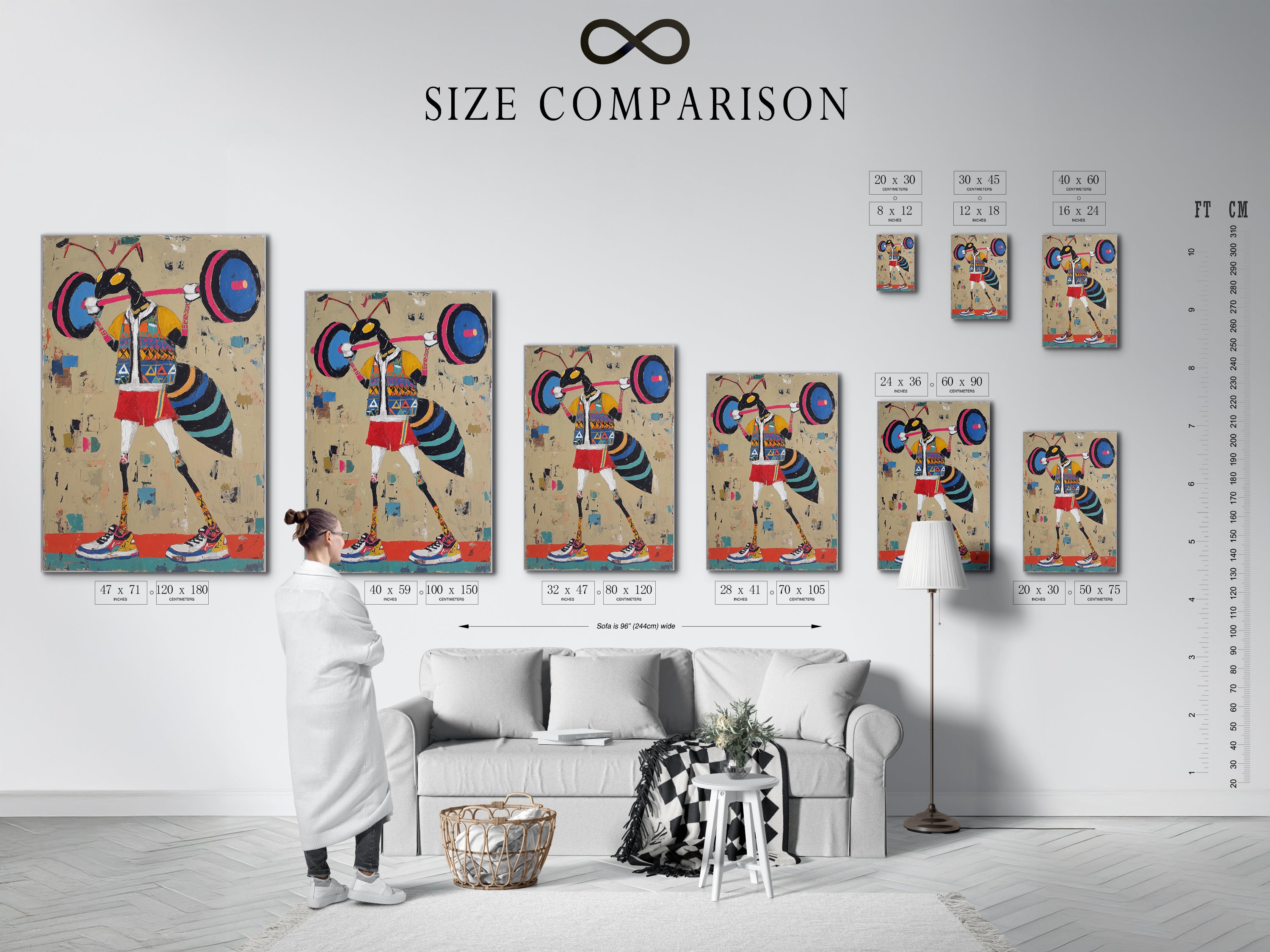 Size comparison chart of weightlifter art is displayed in an interior setting. This retro gym wall art is perfect for home gym decor. See how the fitness art print fits in various spaces. This vintage fitness canvas print adds a unique touch. The chart helps visualize the artwork in contemporary eclectic or minimalist styles. It's a great piece for workout motivation.