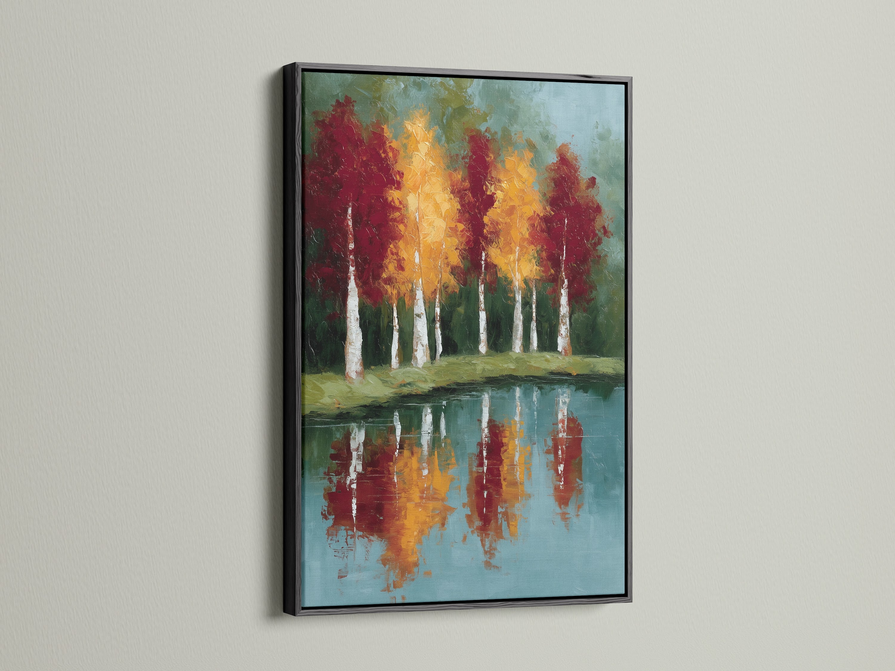Elevate your decor with framed autumn trees artwork with a black frame. Reflected landscape wall art features a teal blue lake painting. The black frame adds sophistication to any room. Perfect for minimalist and eclectic styles.