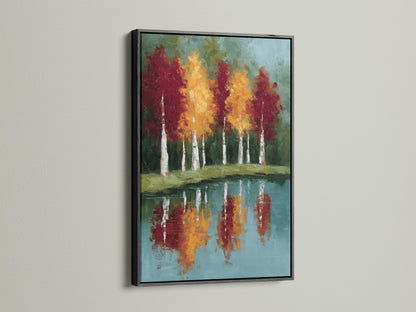 Elevate your decor with framed autumn trees artwork with a black frame. Reflected landscape wall art features a teal blue lake painting. The black frame adds sophistication to any room. Perfect for minimalist and eclectic styles.