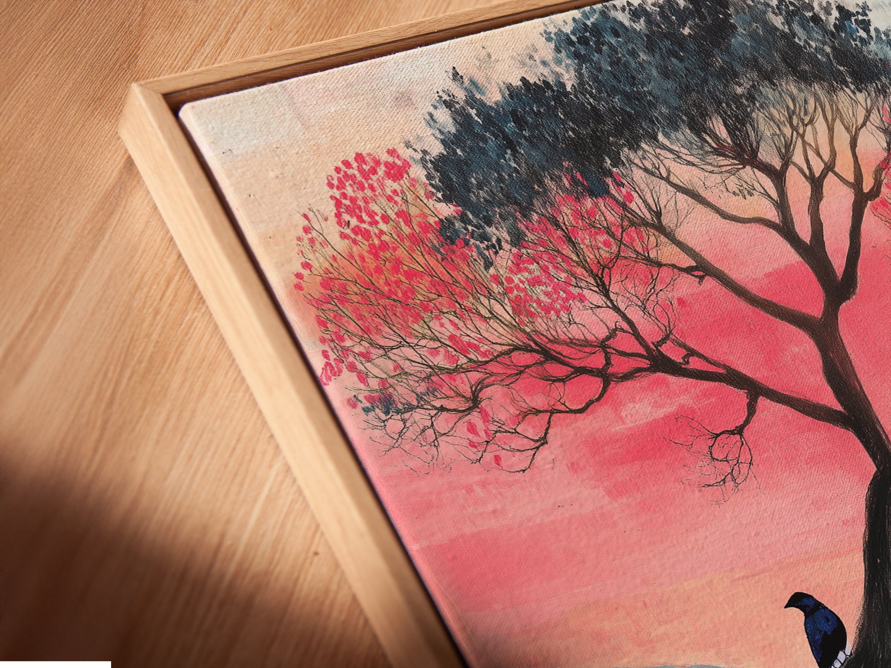 A close-up angled view reveals a canvas print in a floating frame. The lake sunset artwork provides a modern aesthetic. Discover the beauty of pink and teal nature prints. Perfect for contemporary wall decor.