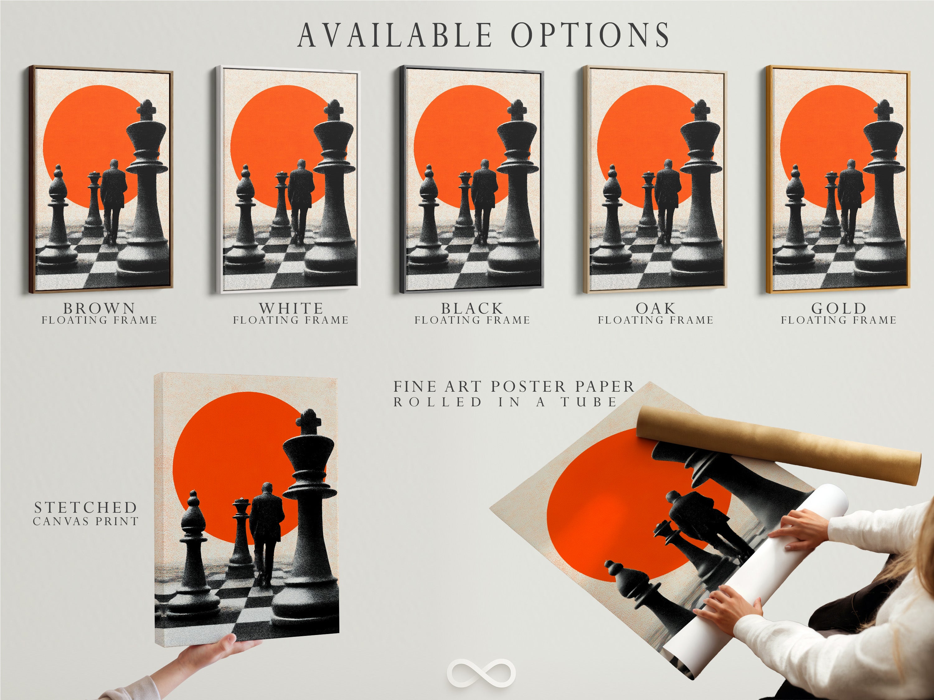 Format options at a glance: stretched canvas, fine art poster, and floating frame.