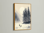 Admire the crane artwork with a gold frame. This Japanese print features an ink wash style. The winter canvas art brings a touch of luxury. This Asian art print enhances living rooms bedrooms and wellness studios. The serene wall art complements neutral tones and nature inspired designs.