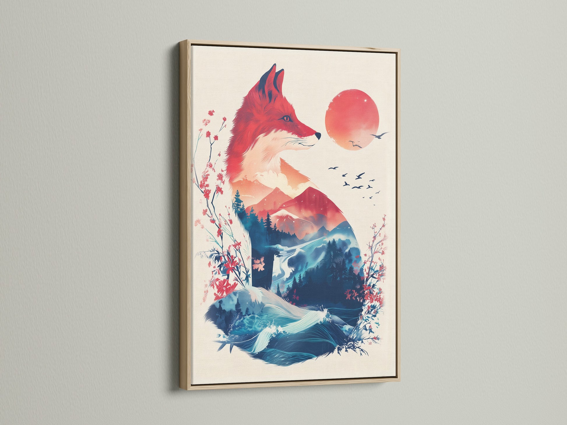 A fox artwork with nature elements is displayed in a light oak frame. The art features a fox silhouette filled with mountains. The artwork offers a unique touch. It can enhance any room's aesthetic. It serves as a unique focal point for home decor.