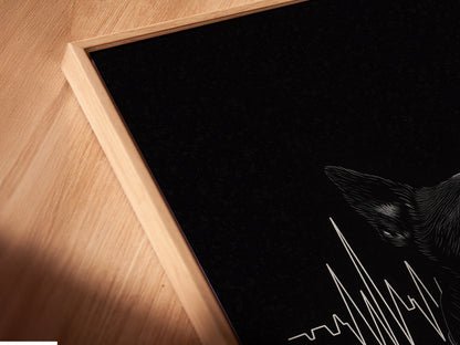 Angled close-up of a dog heartbeat canvas print in a floating frame. The floating frame adds a modern touch to this medical artwork. Perfect for veterinary clinics and pet memorial displays. View the fine details.