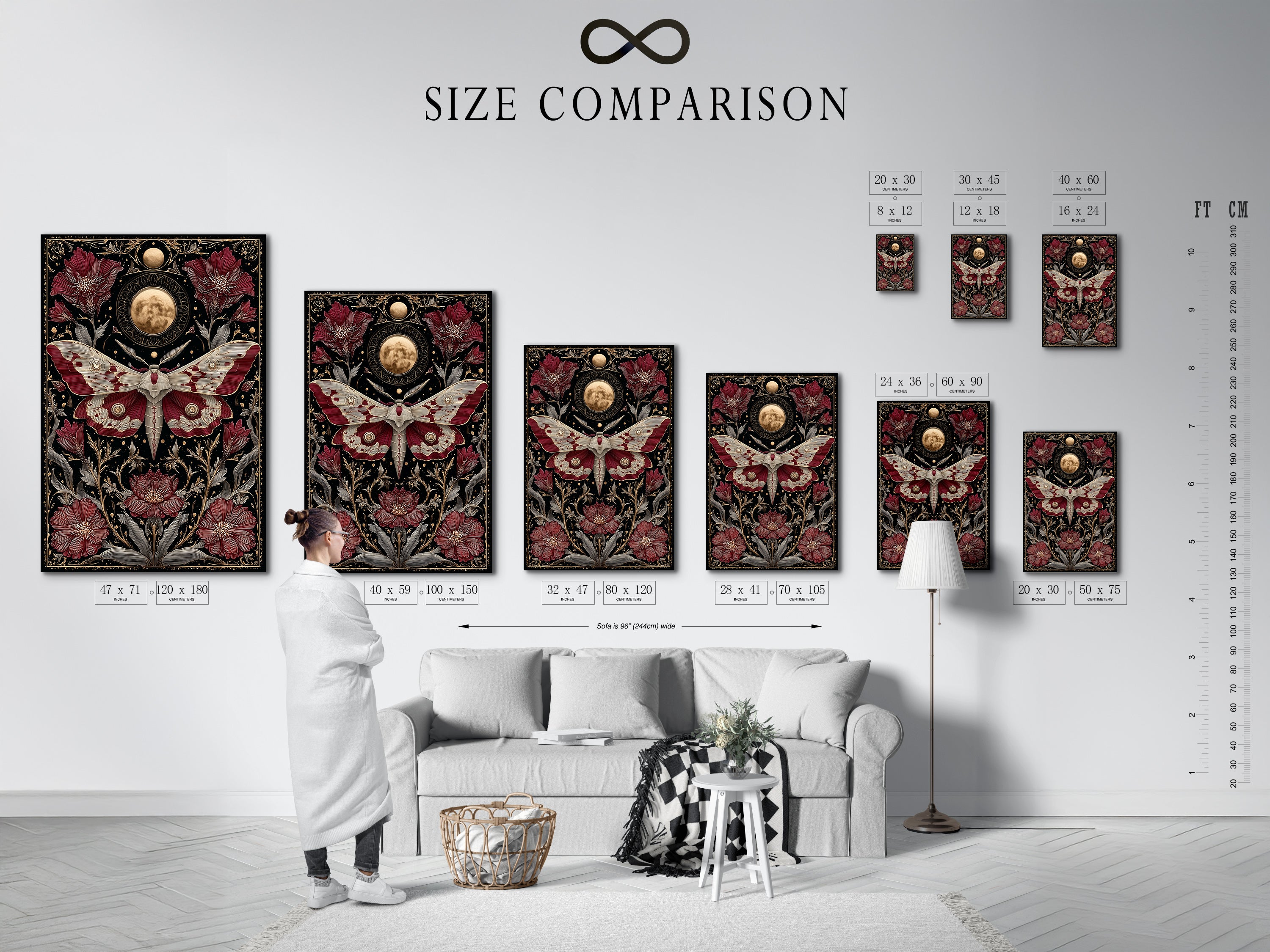 A size comparison chart is shown in an interior setting. It helps visualize the celestial moth artwork. Gothic botanical art with moon phases can transform any room. See available size options.