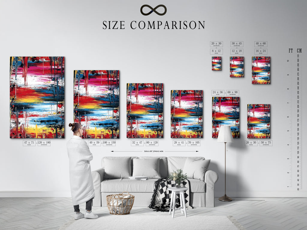 A size comparison chart displayed in a stylish interior setting. The chart helps visualize different artwork dimensions for your space. Choose the perfect size for your stretched canvas prints or fine art posters. Make informed decisions for your wall decor.