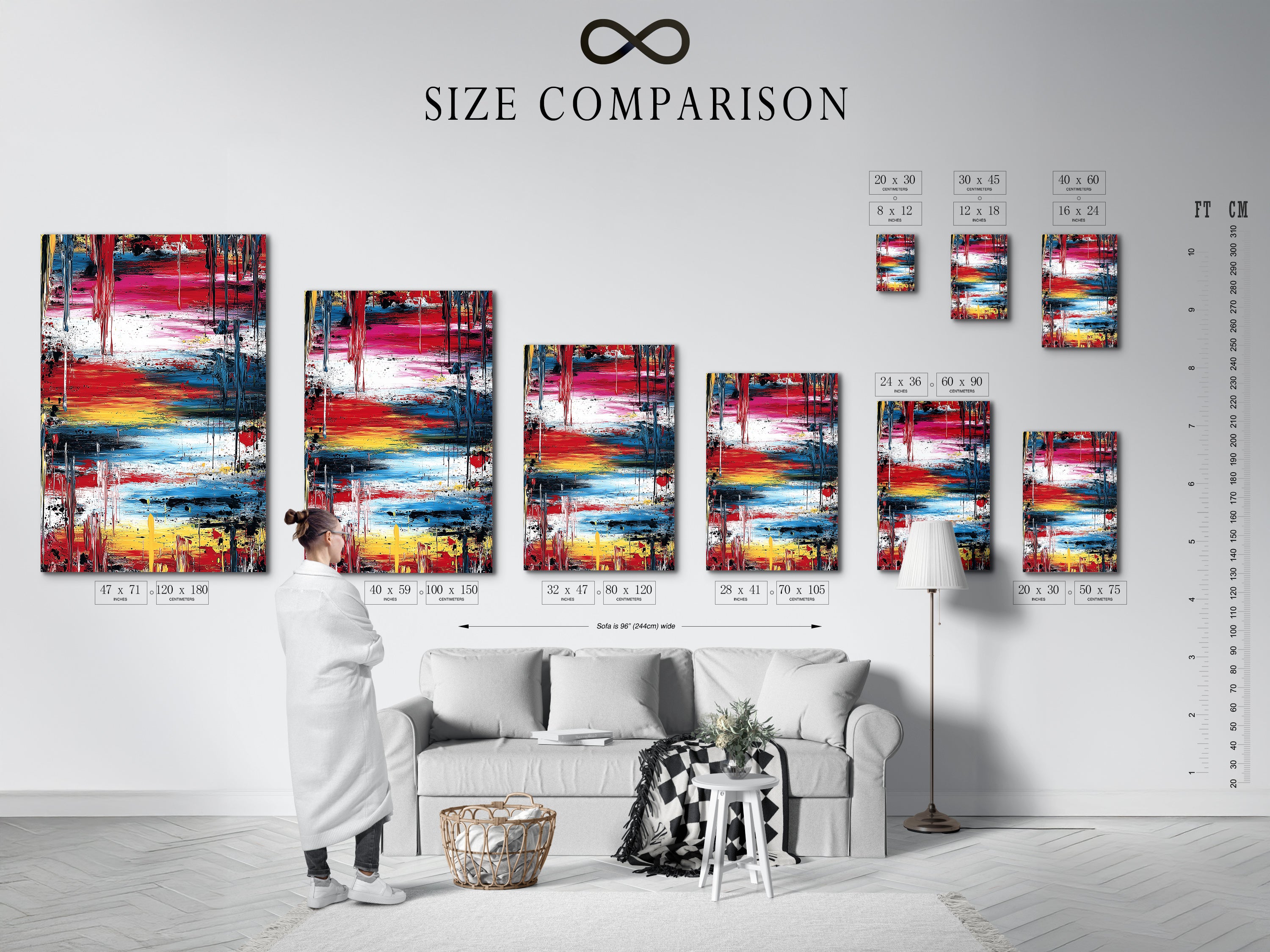 A size comparison chart displayed in a stylish interior setting. The chart helps visualize different artwork dimensions for your space. Choose the perfect size for your stretched canvas prints or fine art posters. Make informed decisions for your wall decor.