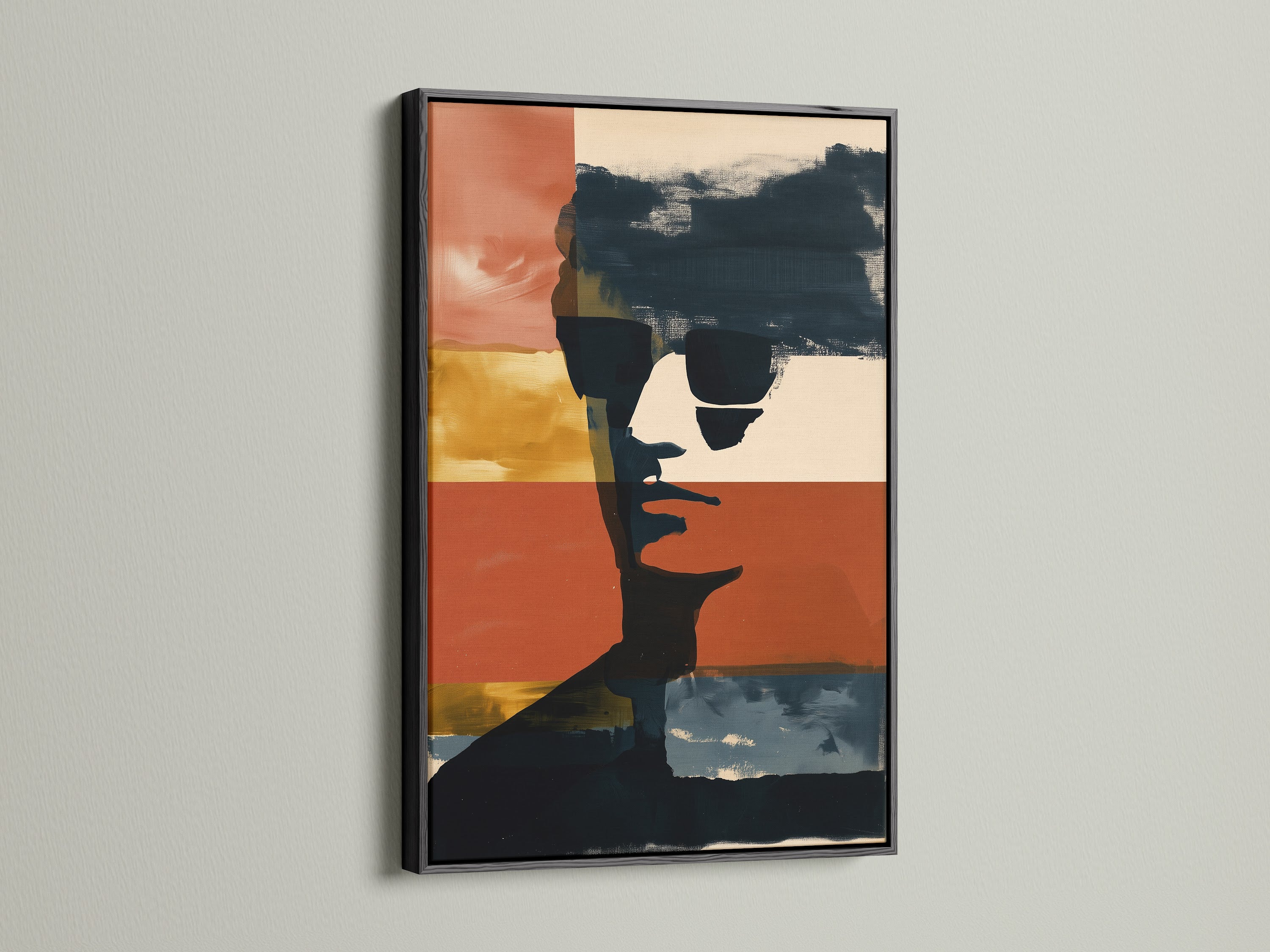 See a black frame with abstract portrait art. The modern artwork features bold color blocks. This contemporary piece suits minimalist and urban interiors. Find the perfect framed art to complement your space.