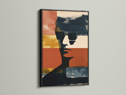 Check out the Abstract Portrait Canvas Print in a black frame. This artwork makes a bold statement. The black frame provides a strong contrast to the vibrant burnt sienna and navy artwork. Ideal for office wall art and modern home decor. This piece adds a touch of elegance to your space.