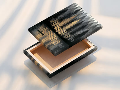 A stretched canvas print displays a captivating forest lake artwork. The golden hour reflection creates a tranquil scene. This nature wall art is ready to hang adding instant beauty to any room. The canoeing art is perfect for bedroom decor or living room.