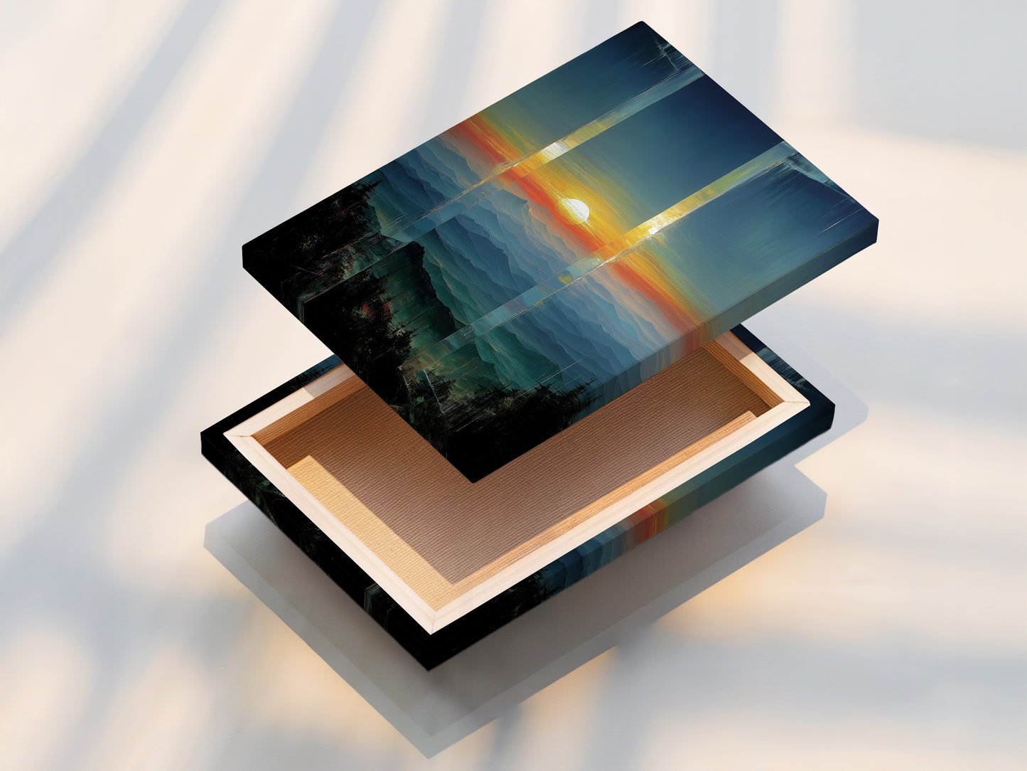 A stretched canvas print of a mountain sunset. The abstract landscape is ready to hang. Teal and orange hues create a stunning visual impact. Ideal for adding modern artwork to your living space.