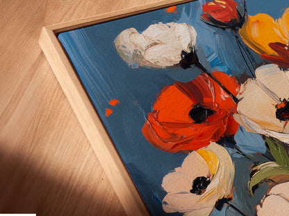 Close-up of a canvas print in a floating frame. The floating frame gives a modern and elegant touch. This style showcases the artwork. It adds depth and sophistication to any room. Explore floating frame options.