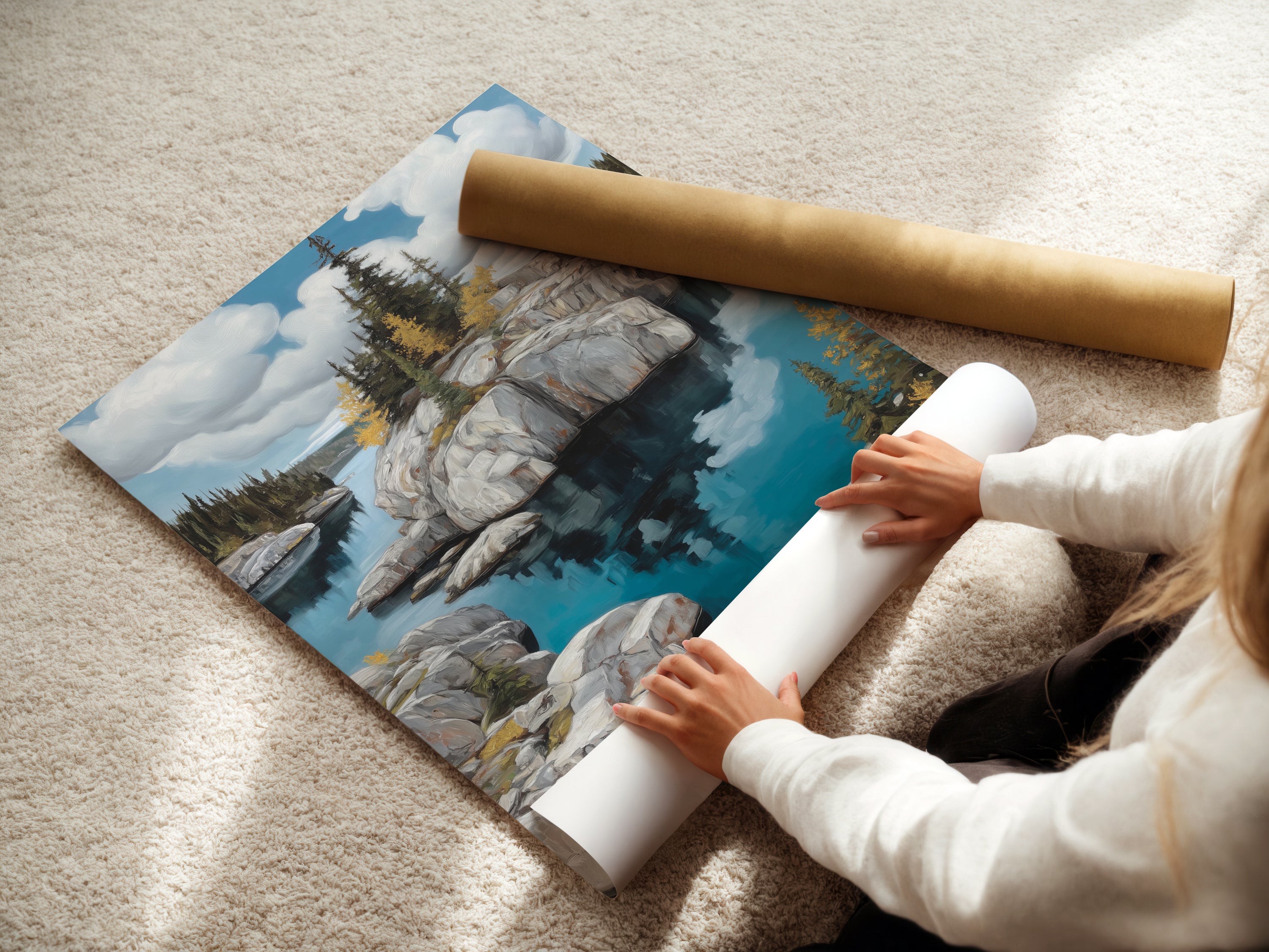 Watch as a fine art poster paper is expertly rolled. The woman's skillful hand ensures a smooth finish. This process guarantees your lake landscape artwork arrives in perfect condition. Ready to enhance your home decor.
